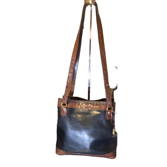 Vintage Brahmin Black Brown Croc Print Double Strap Bucket Handbag - Picture 2 of 14
